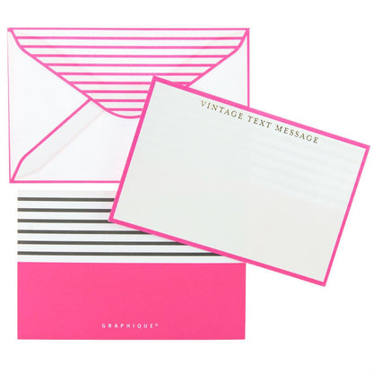 Vintage Text Flat Notes, A hot pink bordered flat note card printed Vintage Text Message in gold foil, standing in a black and white striped box.