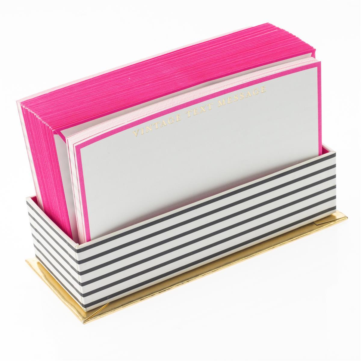 Vintage Text Flat Notes, A hot pink bordered flat note card printed Vintage Text Message in gold foil, standing in a black and white striped box.