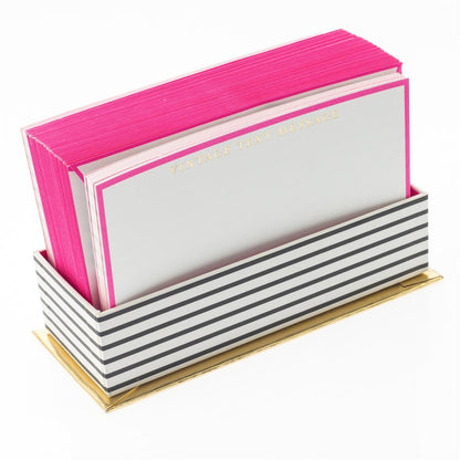 Vintage Text Flat Notes, A hot pink bordered flat note card printed Vintage Text Message in gold foil, standing in a black and white striped box.