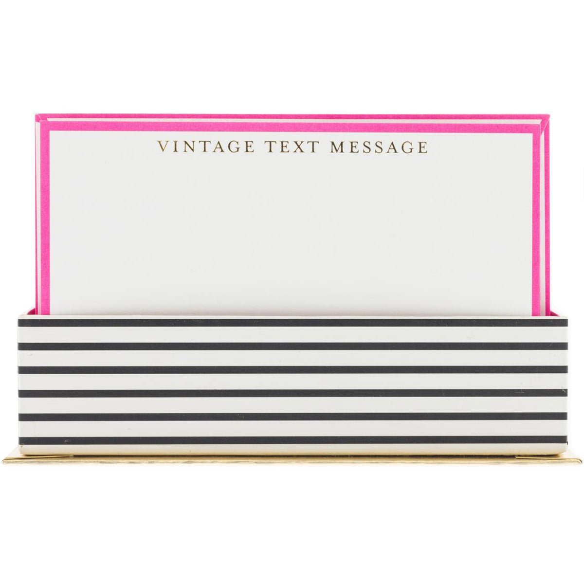 Vintage Text Flat Notes, A hot pink bordered flat note card printed Vintage Text Message in gold foil, standing in a black and white striped box.