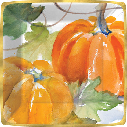 Watercolor Harvest Pumpkins Square Paper Plate, Square paper dinner plate with two orange watercolor pumpkins, green leaves and curling vines on white, framed by a shiny gold edge.