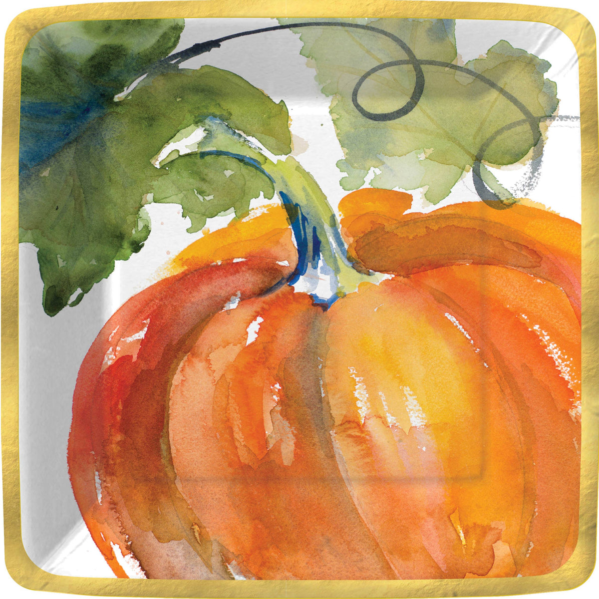 Watercolor Harvest Pumpkins Square Paper Plate, Square paper dinner plate with two orange watercolor pumpkins, green leaves and curling vines on white, framed by a shiny gold edge.