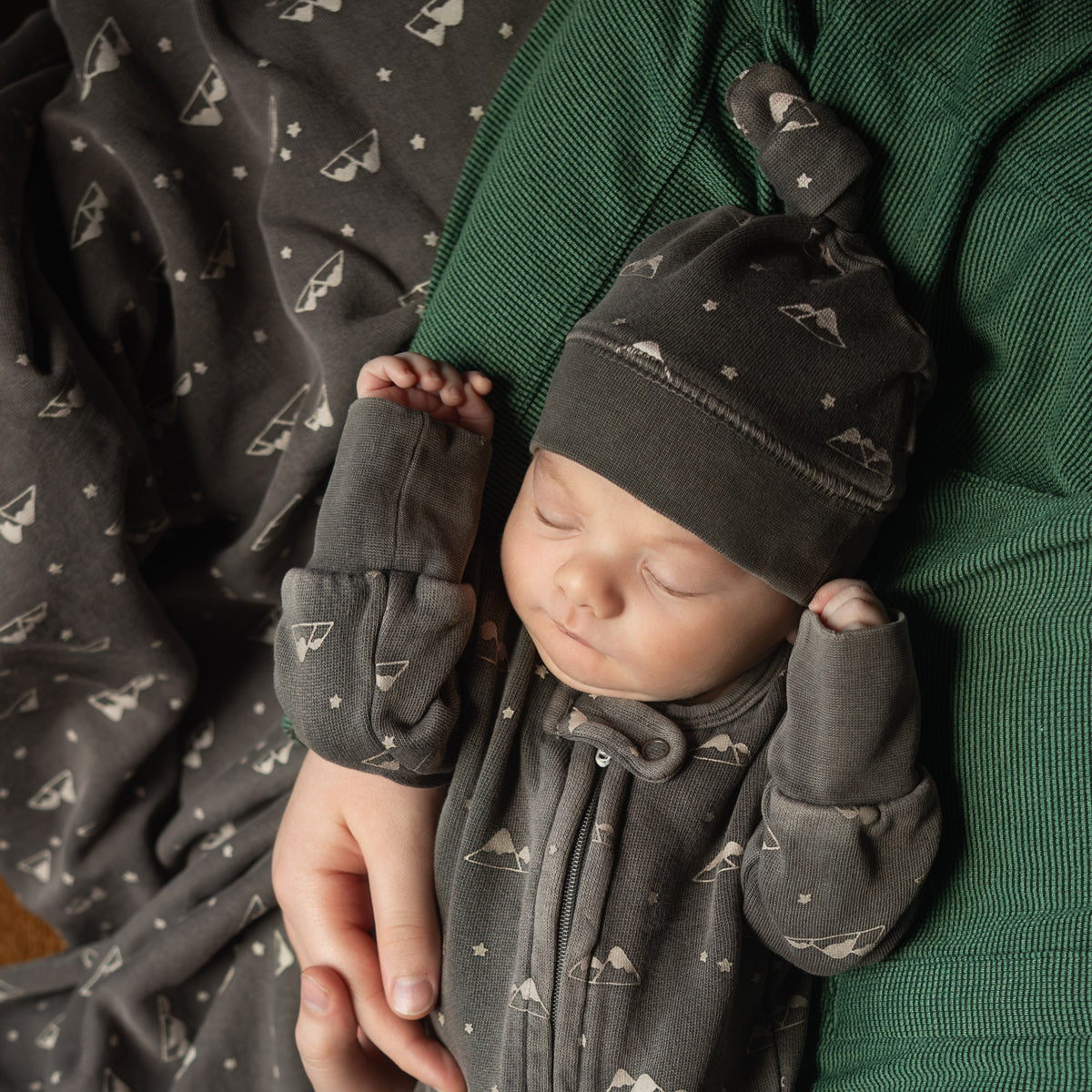 Organic Cozy Top-Knot Hat, Bark Mountains Print, view 2