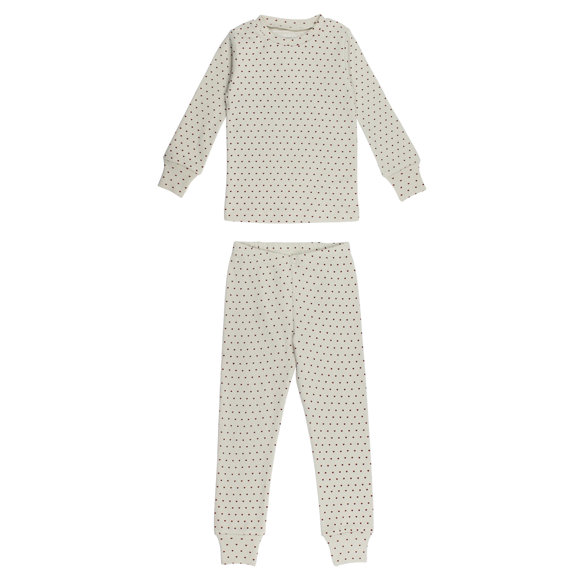 Kid's Organic Long Sleeve Pajama Set, Crimson Mini Hearts, A cream long sleeve pajama top and matching pants covered in a small red heart print, laid flat.