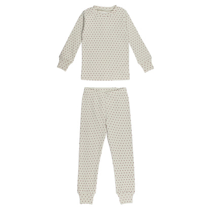 Kid's Organic Long Sleeve Pajama Set, Crimson Mini Hearts, A cream long sleeve pajama top and matching pants covered in a small red heart print, laid flat.