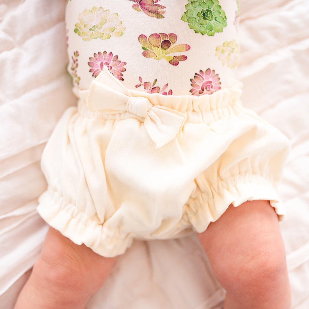 Organic Criss-Cross Bodysuit and Ruffle Bloomer Set, Buttercream Succulents, view 5