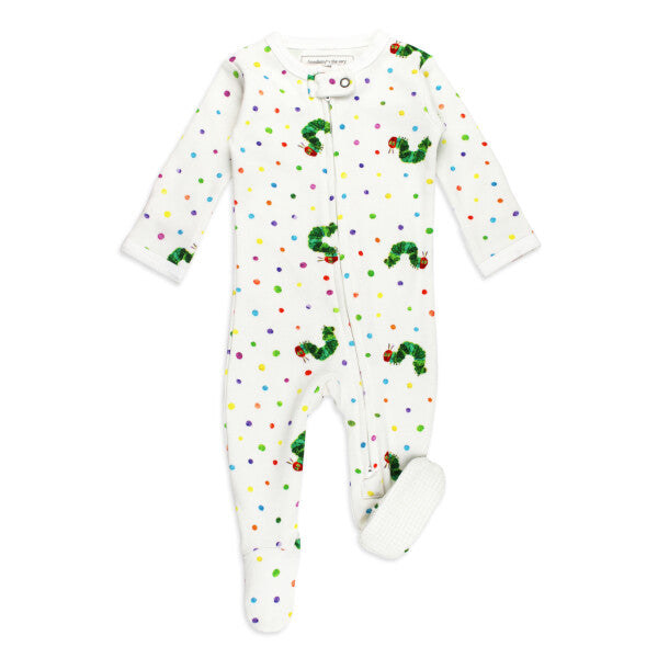 Organic Cotton 2-Way Zipper Footie, Caterpillar Print, A white baby footie with a colorful polka dot pattern and green caterpillar appliques, featuring a front zipper and footed with grip soles.