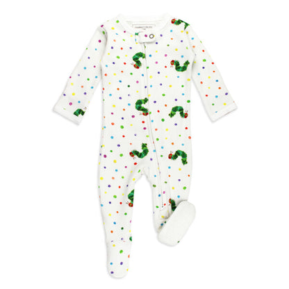 Organic Cotton 2-Way Zipper Footie, Caterpillar Print, A white baby footie with a colorful polka dot pattern and green caterpillar appliques, featuring a front zipper and footed with grip soles.