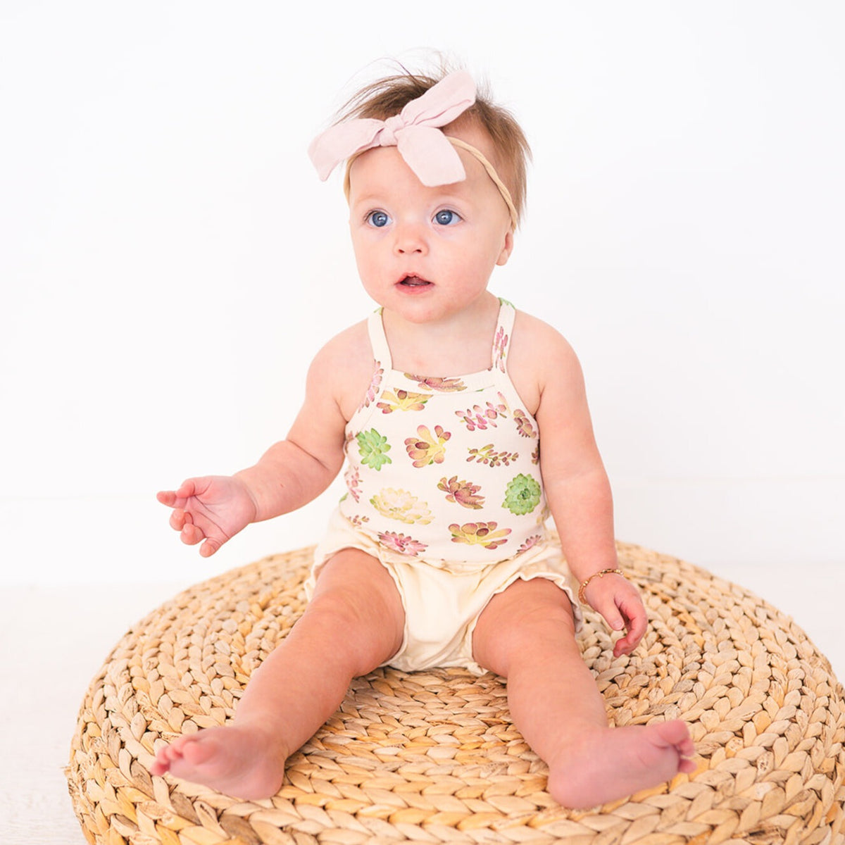 Organic Criss-Cross Bodysuit and Ruffle Bloomer Set, Buttercream Succulents, view 2