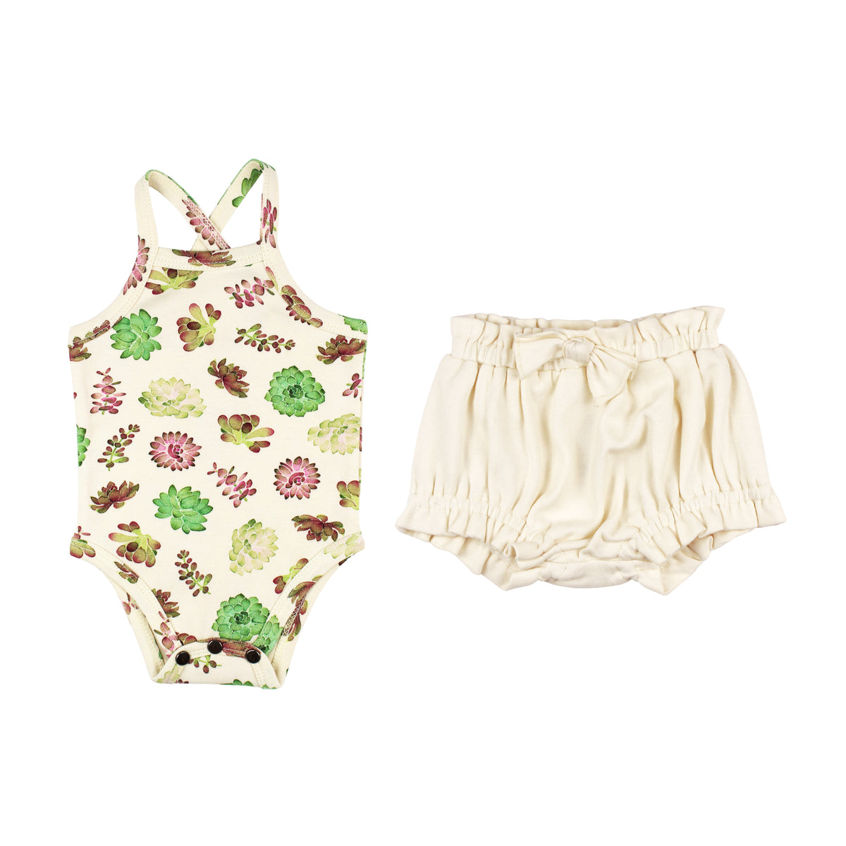 Organic Criss-Cross Bodysuit and Ruffle Bloomer Set, Buttercream Succulents, A sleeveless crossback baby bodysuit printed with green and pink succulents paired with cream ruffled bloomers featuring a front bow.