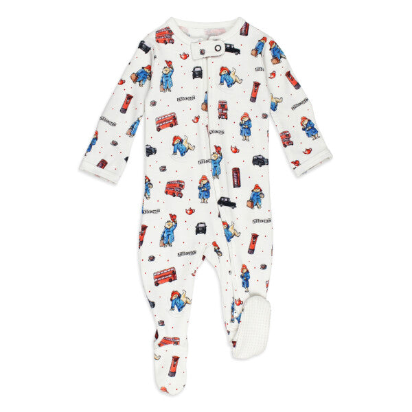 Organic Cotton 2-Way Zipper Footie, London Paddington Print, A cream footie pajama printed with London themed illustrations including a bear in a blue coat, double decker buses, and telephone booths.