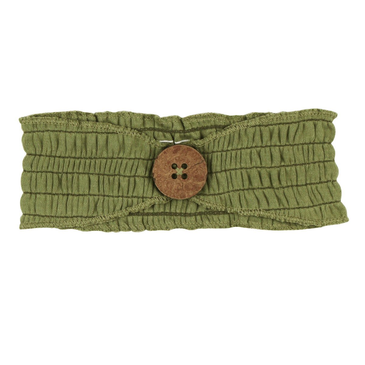 Organic Cotton Smocked Button Headband, Sage Green, A sage green smocked fabric headband with a round wooden button in the center.