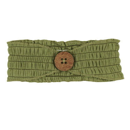 Organic Cotton Smocked Button Headband, Sage Green, A sage green smocked fabric headband with a round wooden button in the center.