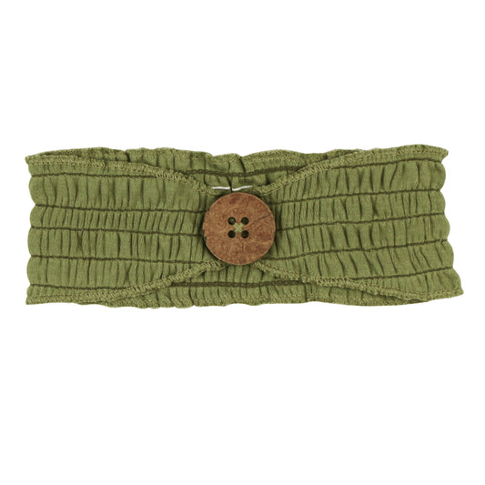 Organic Cotton Smocked Button Headband, Sage Green, A sage green smocked fabric headband with a round wooden button in the center.