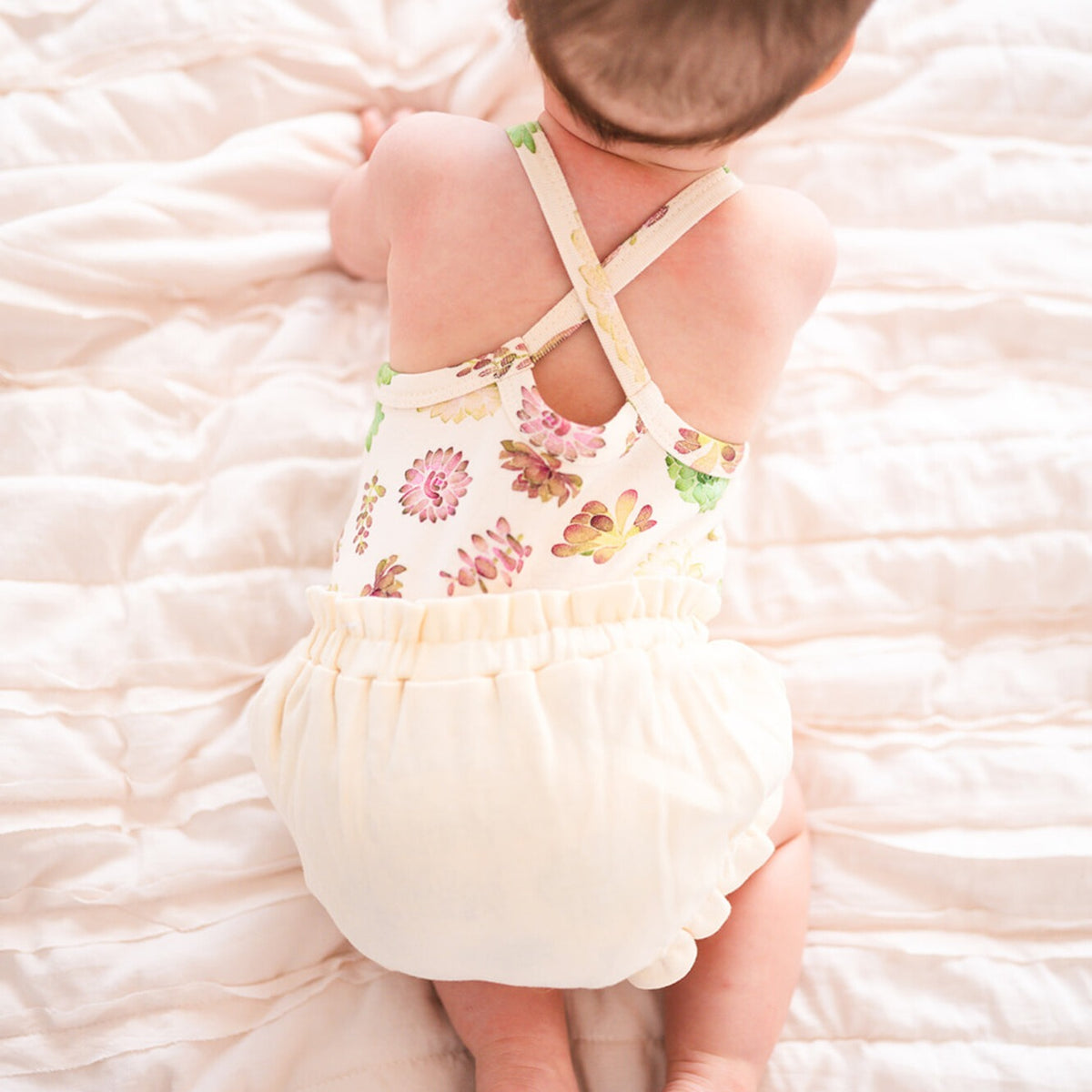 Organic Criss-Cross Bodysuit and Ruffle Bloomer Set, Buttercream Succulents, view 6