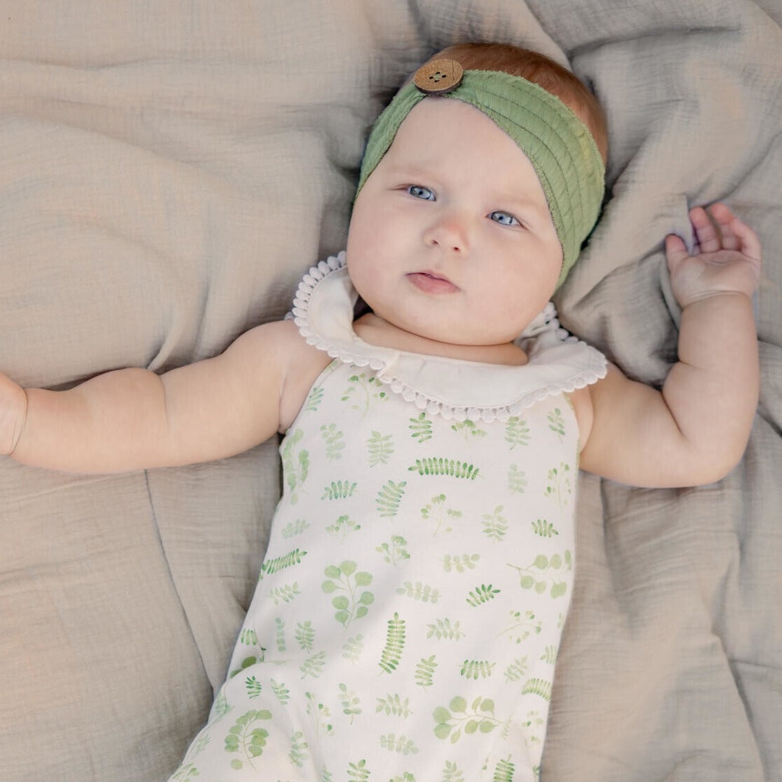 Organic Cotton Smocked Button Headband, Sage Green, view 2