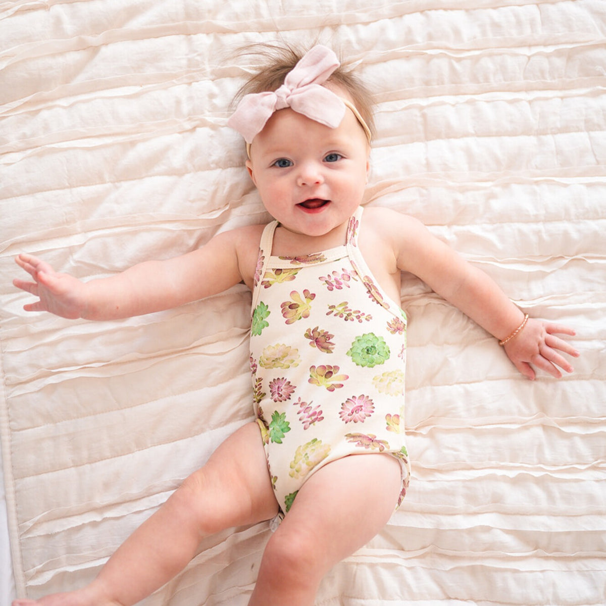 Organic Criss-Cross Bodysuit and Ruffle Bloomer Set, Buttercream Succulents, view 3