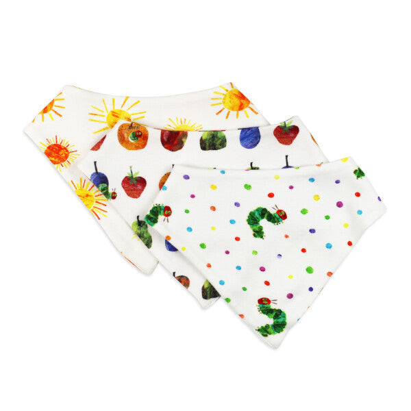Organic Cotton Bandana Bib Set of 3, Multi Print, Three white bandana bibs with sun, fruit, and caterpillar print designs fanned out and overlapping.