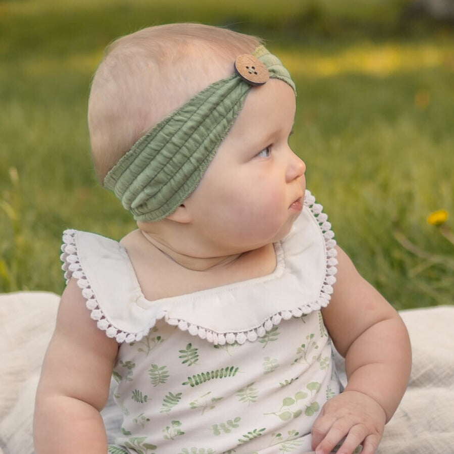 Organic Cotton Smocked Button Headband, Sage Green, view 3