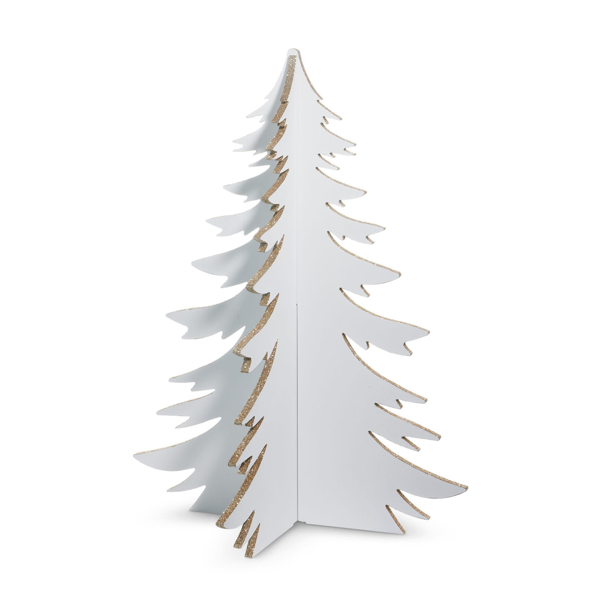 White 3-D Christmas Tree with Gold Glitter Edges, A white Christmas tree silhouette made of two crossed flat panels, with gold glitter along every cut edge.