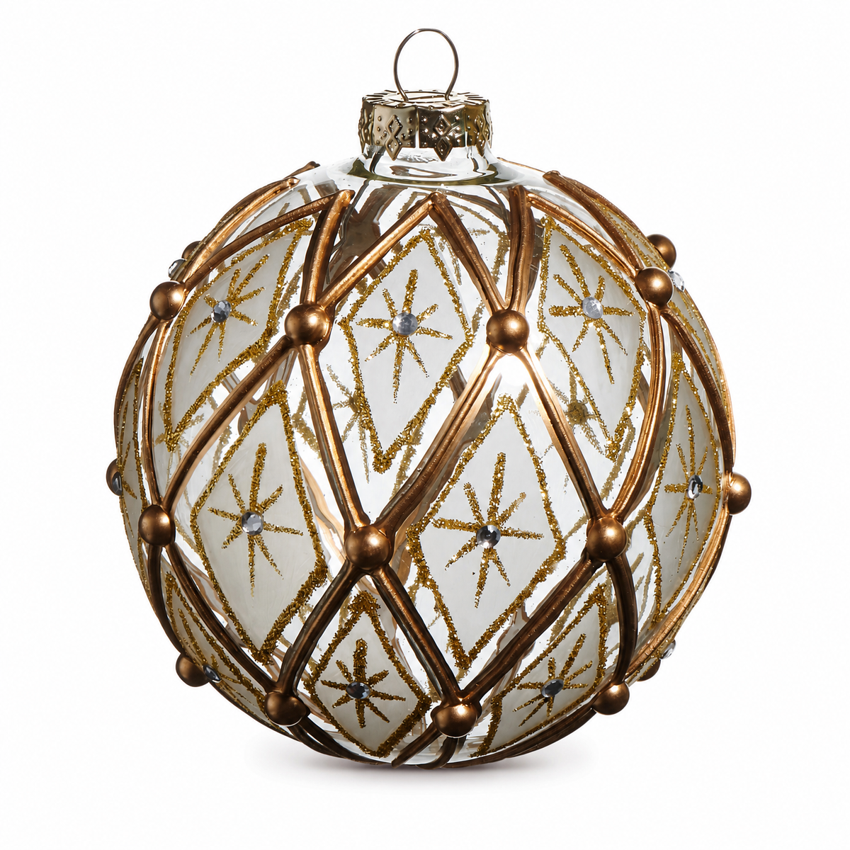 White and Gold Deco Glass Ornament, Ball design: 4 inches in diameter