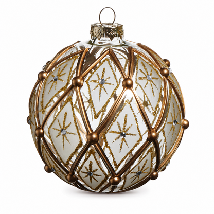 White and Gold Deco Glass Ornament, Ball design: 4 inches in diameter