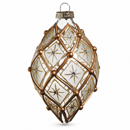 White and Gold Deco Glass Ornament, Teardrop design: 3.25 inches in diameter and 5.5 inches tall