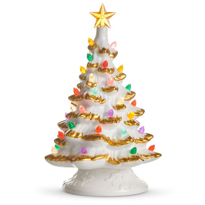 White and Gold Lighted Tree, A white ceramic tabletop Christmas tree with gold-tipped branches, a gold star top, and multicolor bead lights, standing on a round base.