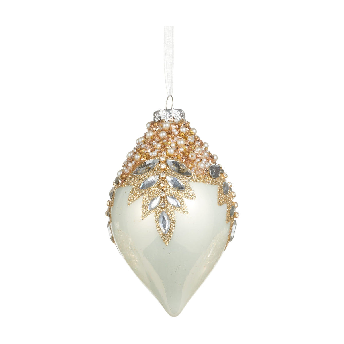 5" White Gem Encrusted Ornament, Teardrop