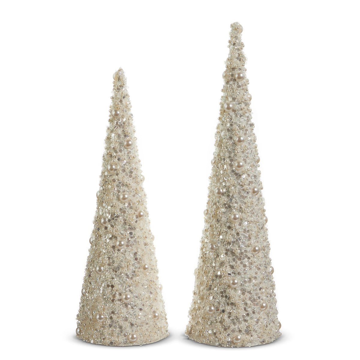 White Pearl and Sequin Cone Tree, A shorter and a taller white cone-shaped tree side by side, covered in pearl beads of mixed sizes, small beads and silver sequins.