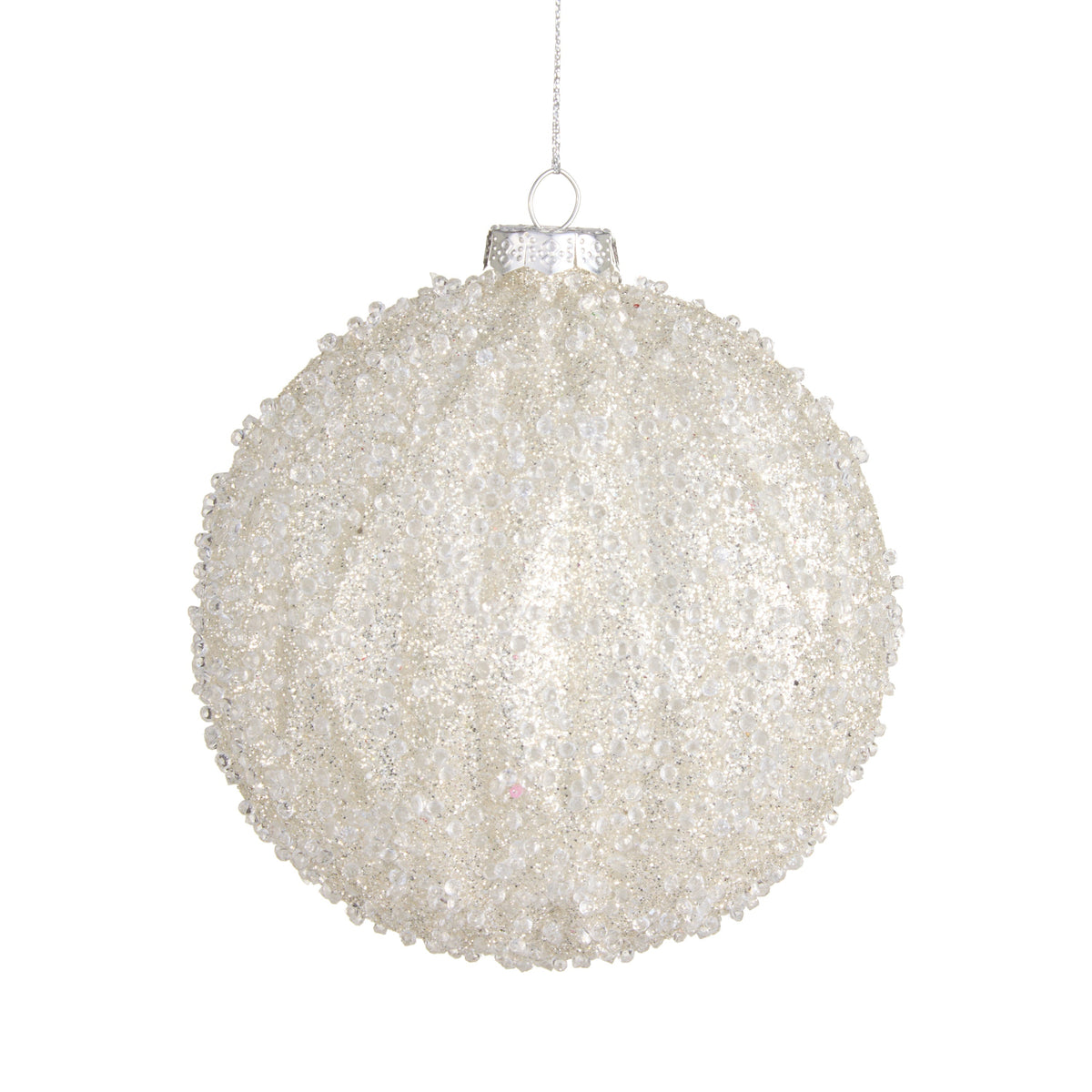 White Sugared Glass Ball Ornament, A white sugared glass ball ornament covered in clear beads and glitter, with a silver cap, hanging from a thin silver cord.