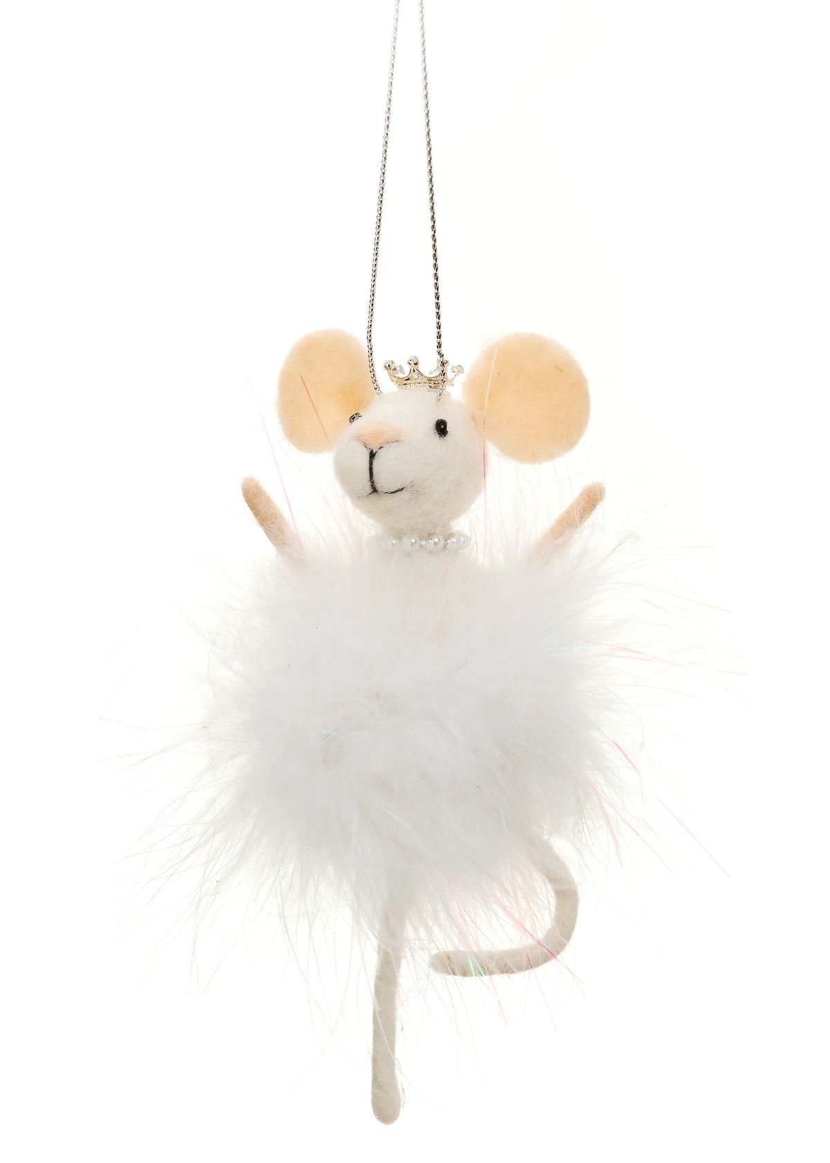 White Wool Mouse Ornament with Crown, The photo shows a white felted mouse ornament wearing a small gold-tone crown and a pearl-like necklace, with a full fluffy white skirt and one leg lifted in a dancer's pose.