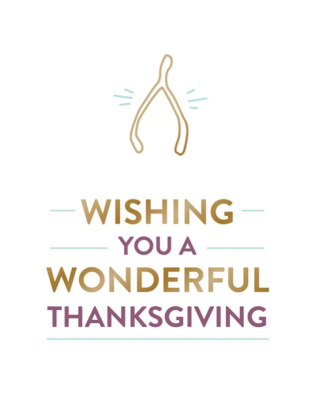 Wishbone Thanksgiving Greeting Card, A white card front with a gold wishbone outline and mint accent lines above the words Wishing you a wonderful Thanksgiving in gold and plum capitals.