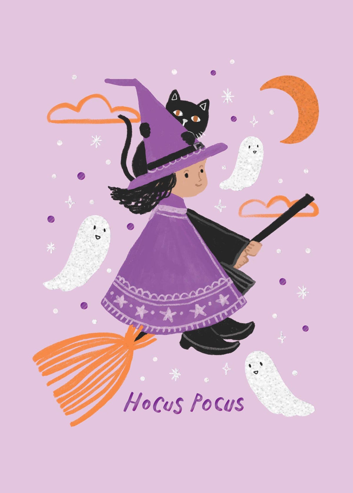 Witchy Whimsy Greeting Card, Front of the card showing a young witch in a purple cape riding an orange broom with a black cat on her hat, three white ghosts, an orange crescent moon and the words Hocus Pocus on a lilac ground.