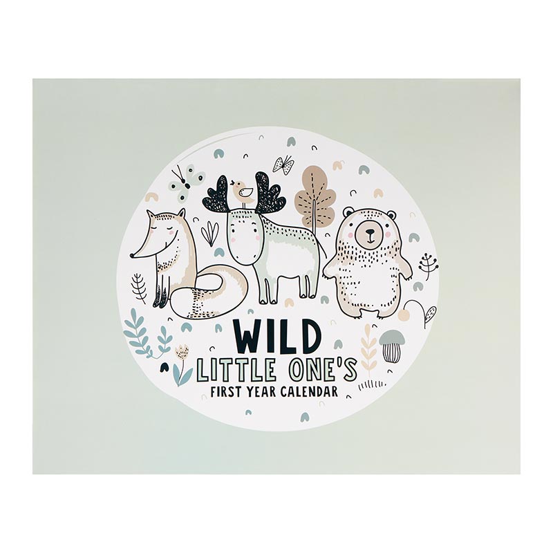 Woodland Adventure Baby Keepsake, The Woodland Adventure First Year Calendar cover is sage green with a white circle of a fox, a moose and a bear above the words Wild Little One's First Year Calendar.
