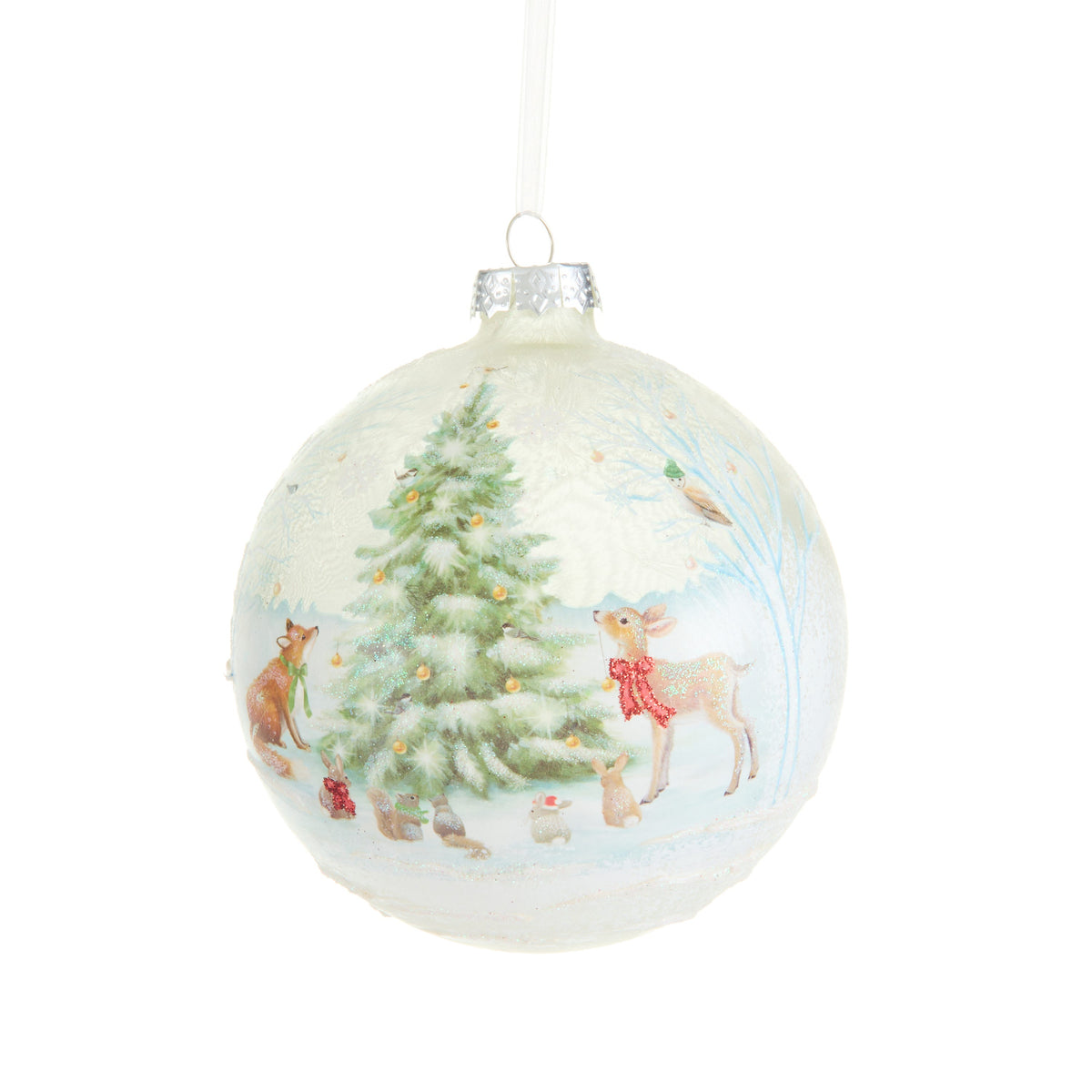 Woodland Christmas Party Ball Ornament, A round glass ornament illustrated with a woodland scene of a fox, deer, rabbits, squirrel and bird gathered around a glittered Christmas tree.