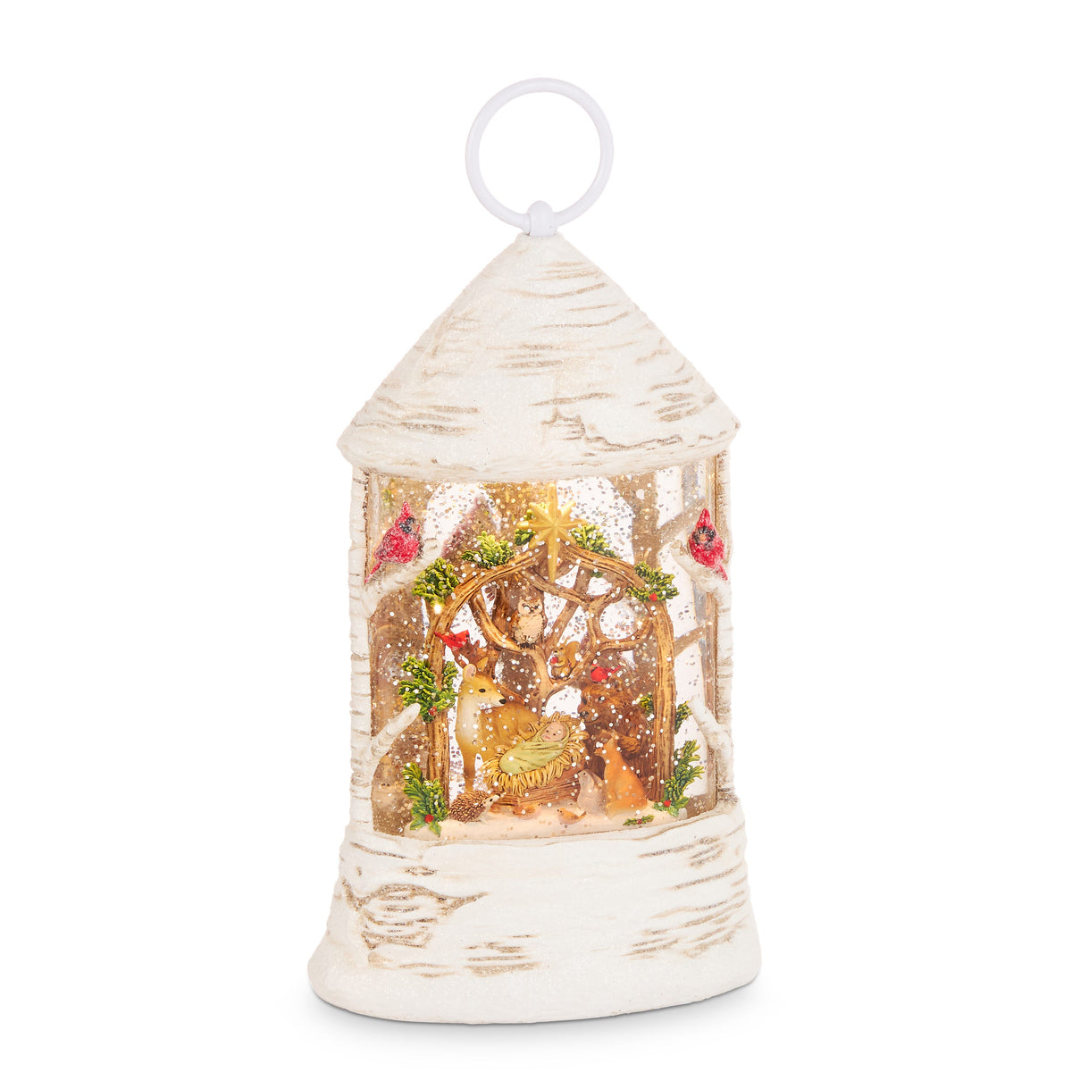 Woodland Nativity Lighted Water Birch Lantern, White birch-bark water lantern with a ring handle, showing the Christ Child in a manger surrounded by a deer, bear, fox, owl and cardinals.