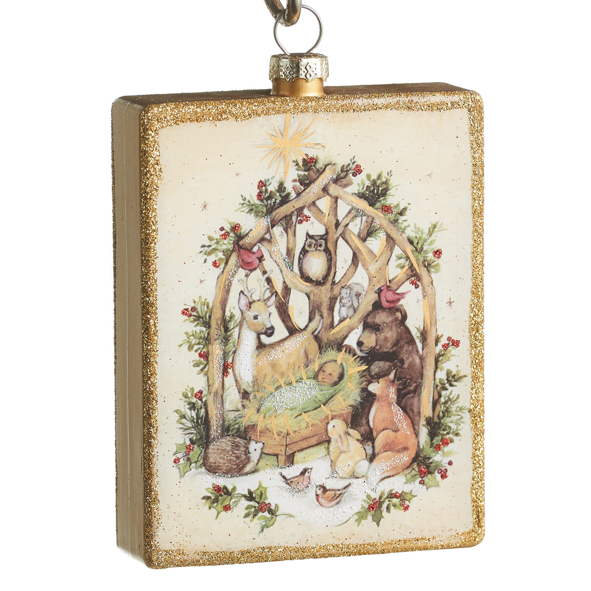 Woodland Nativity Rectangle Ornament, A rectangular glass ornament with a nativity scene surrounded by woodland animals including a deer, bear, fox and owl under a star.