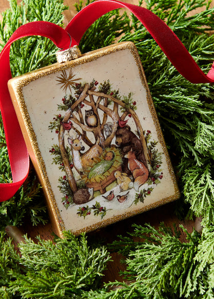 Woodland Nativity Rectangle Ornament, A rectangular glass ornament with a nativity scene surrounded by woodland animals including a deer, bear, fox and owl under a star.
