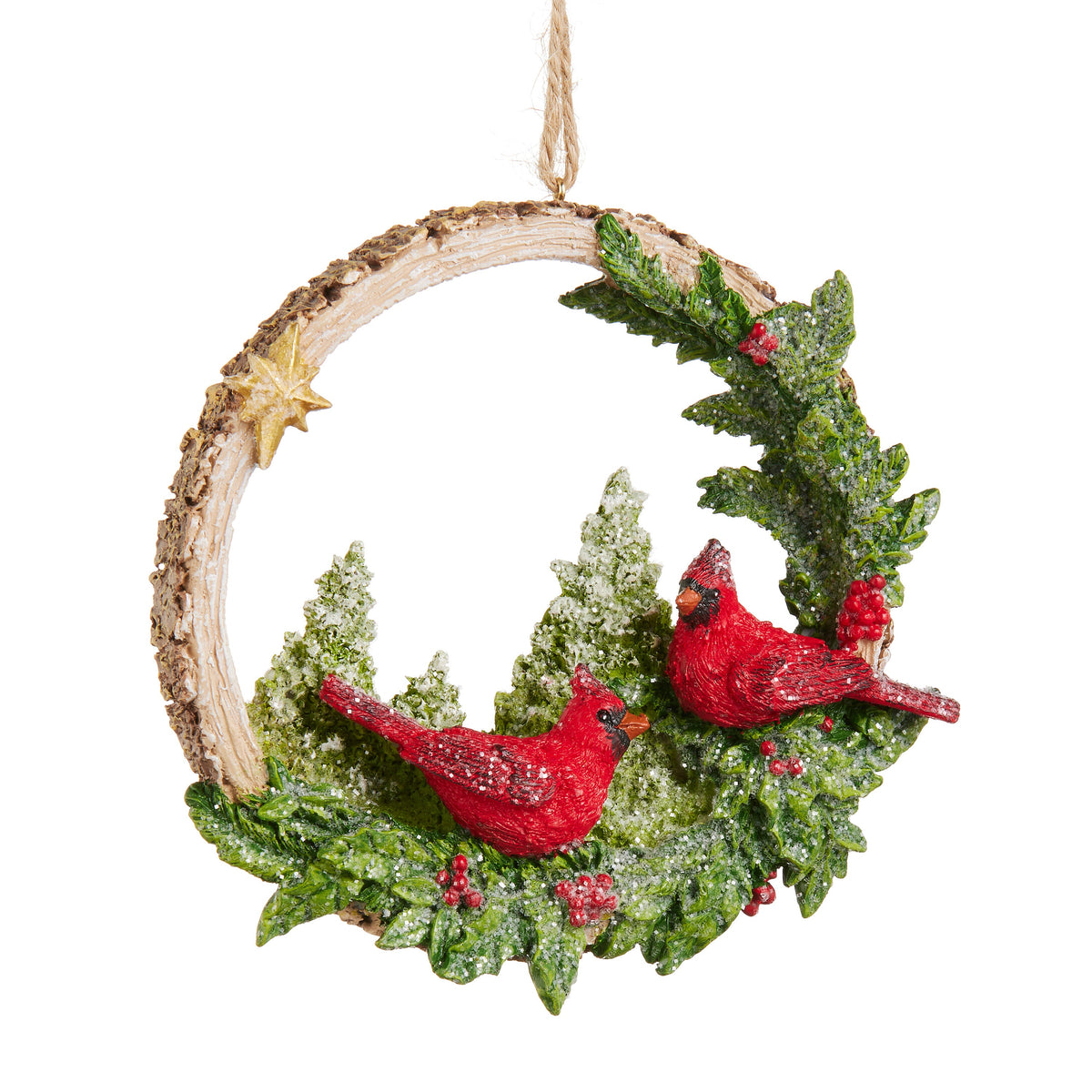 Woodland Noel Cardinals Ornament, A resin wreath ornament with two red cardinals, snow flocked pine boughs, holly berries, and a gold star, hanging from a jute cord.