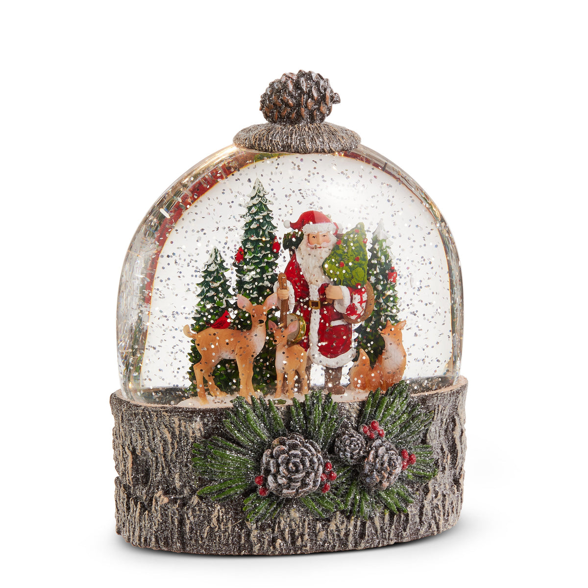 Woodland Noel Lighted Water Globe, A domed water globe with a pinecone top on a bark-textured base trimmed with pine, pinecones and red berries, holding Santa with a tree and sack beside two deer, a fox and a cardinal among evergreens.