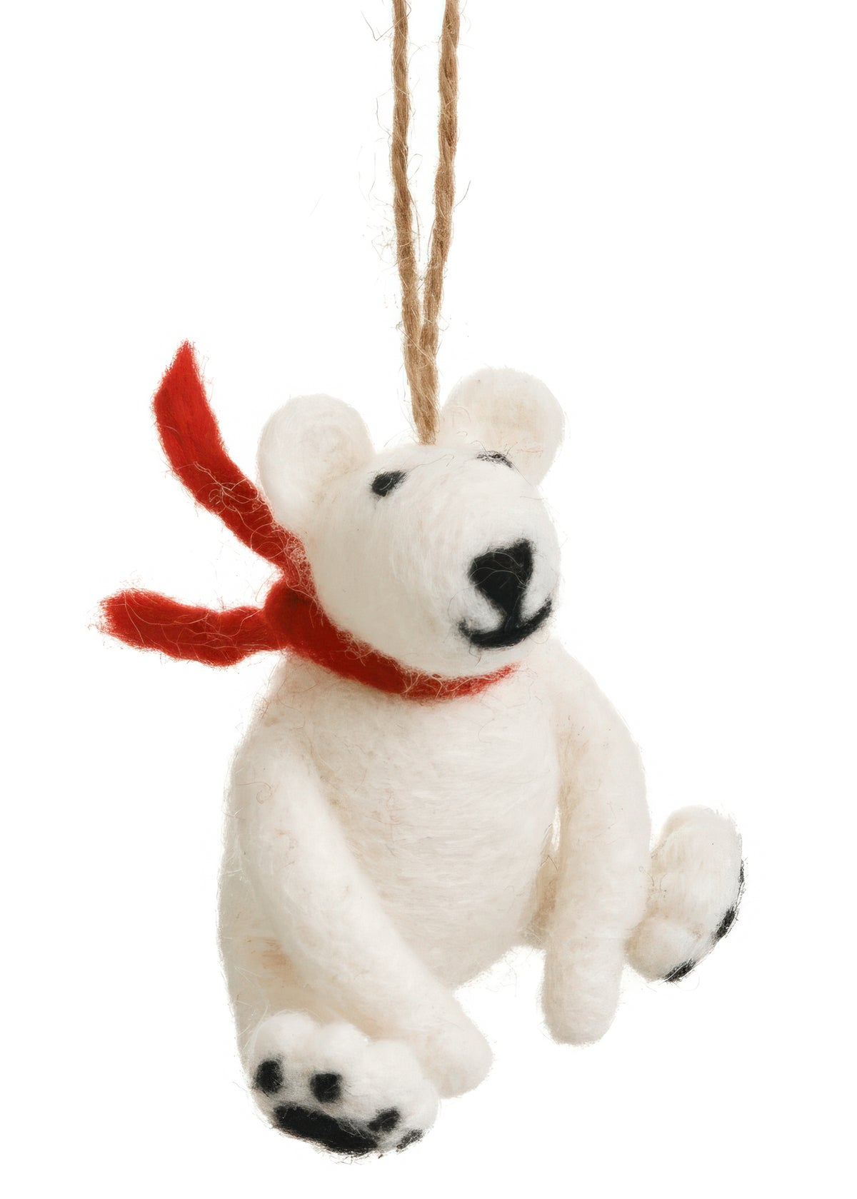 Wool Bear Ornament with Red Scarf, A small white sheep's wool bear ornament sitting with a red scarf around its neck and black paw pads, hanging from a jute loop.