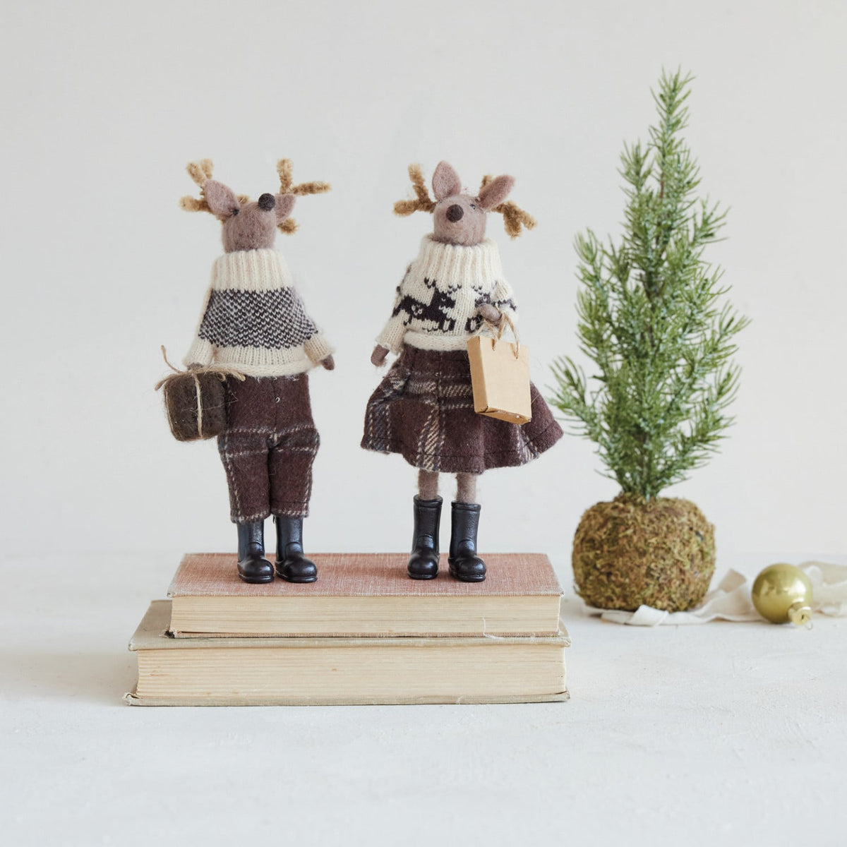 Wool Felt Deer in Clothes and Resin Boots with Present