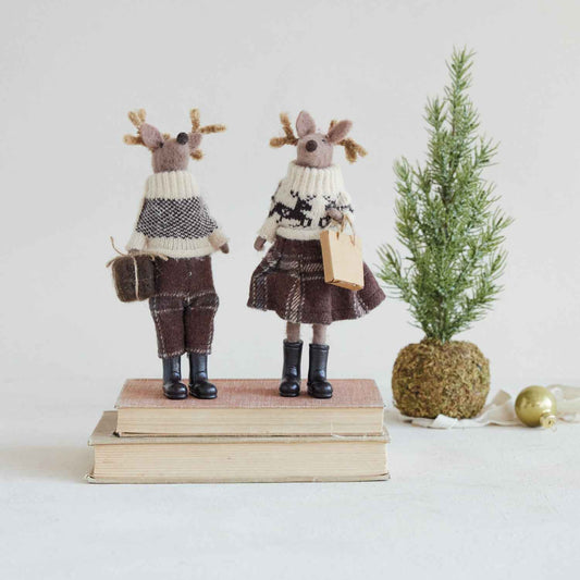 Wool Felt Deer in Clothes and Resin Boots with Present
