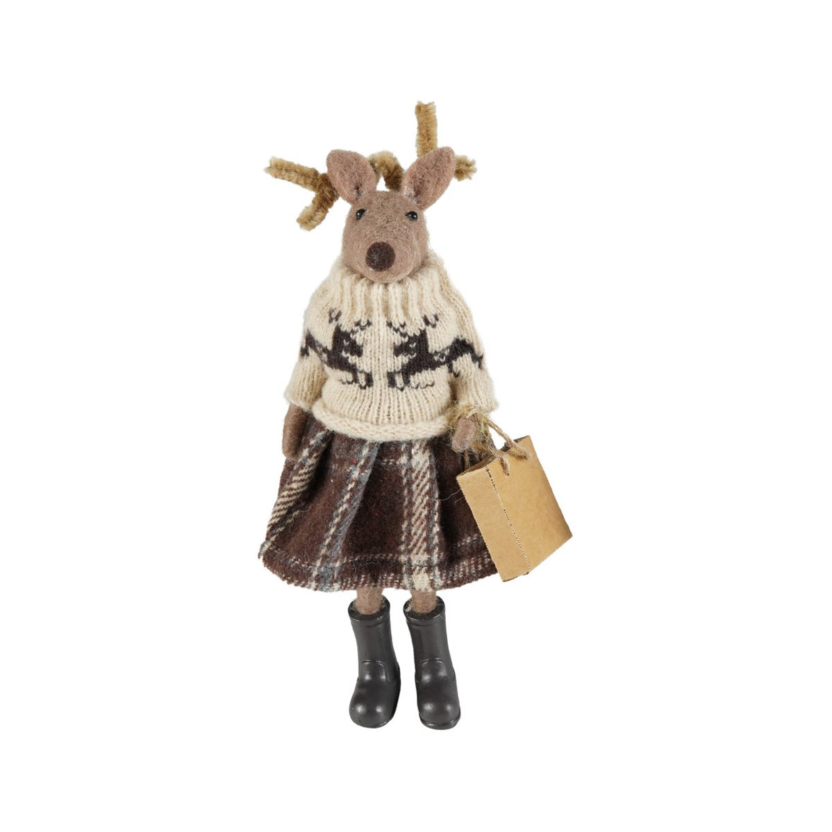 Wool Felt Deer in Clothes and Resin Boots with Present, Skirt with Gift Bag