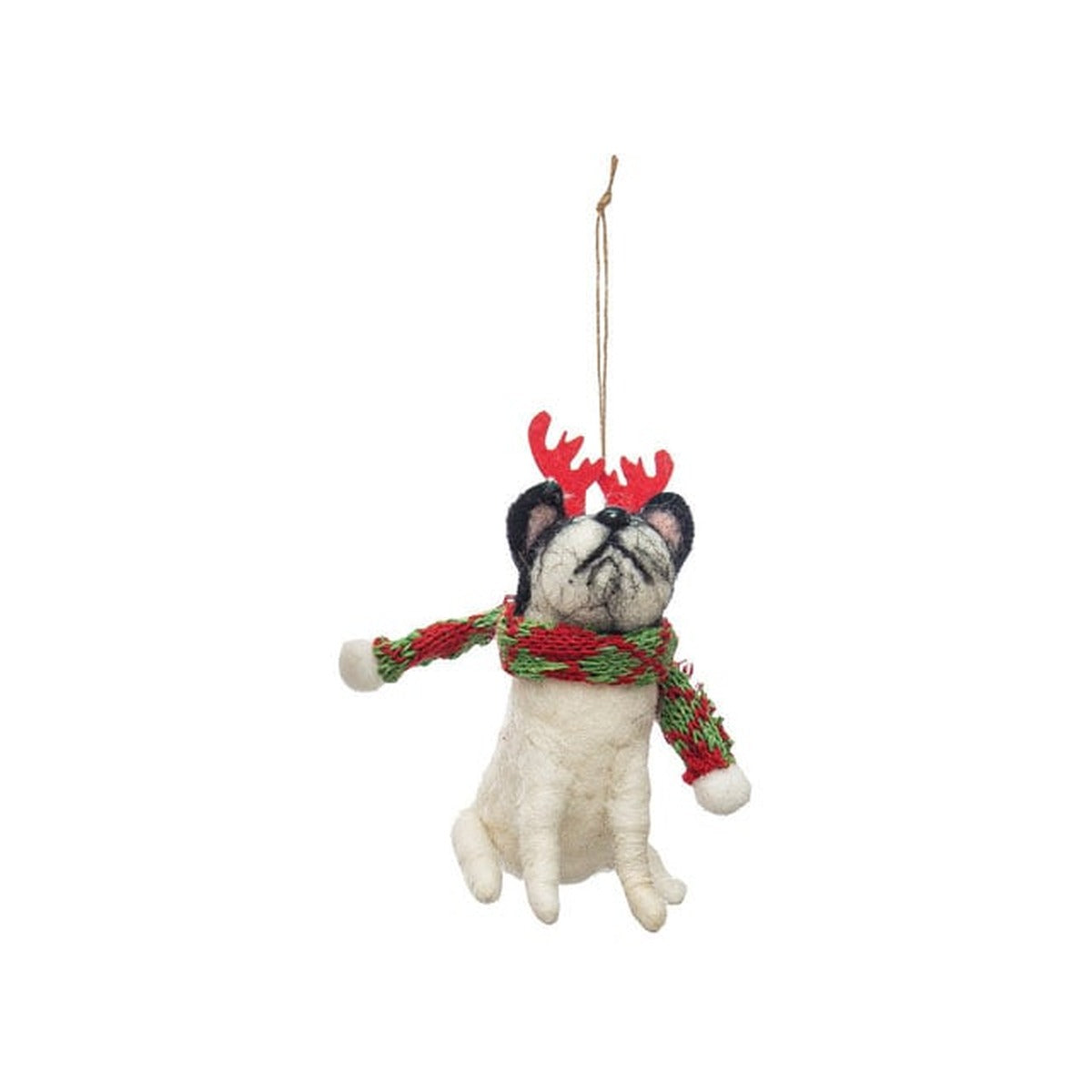 Wool Felt Dog in Holiday Outfit Ornament, Antlers and Scarf