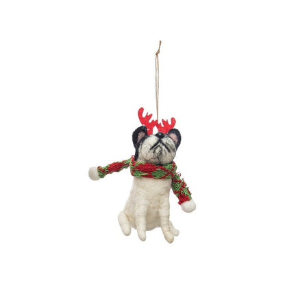 Wool Felt Dog in Holiday Outfit Ornament, Antlers and Scarf