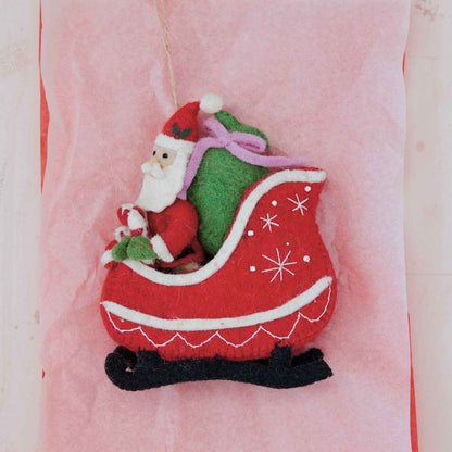 Wool Felt Santa in Sleigh Ornament with Embroidery and Beads