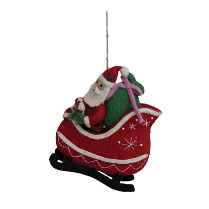 Wool Felt Santa in Sleigh Ornament with Embroidery and Beads