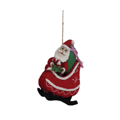 Wool Felt Santa in Sleigh Ornament with Embroidery and Beads